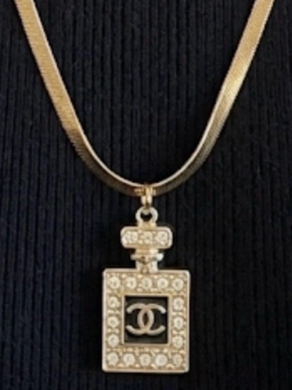 Chanel Perfume Bottle pull, stamped,
On 22” stainless tarnish resistant chain.